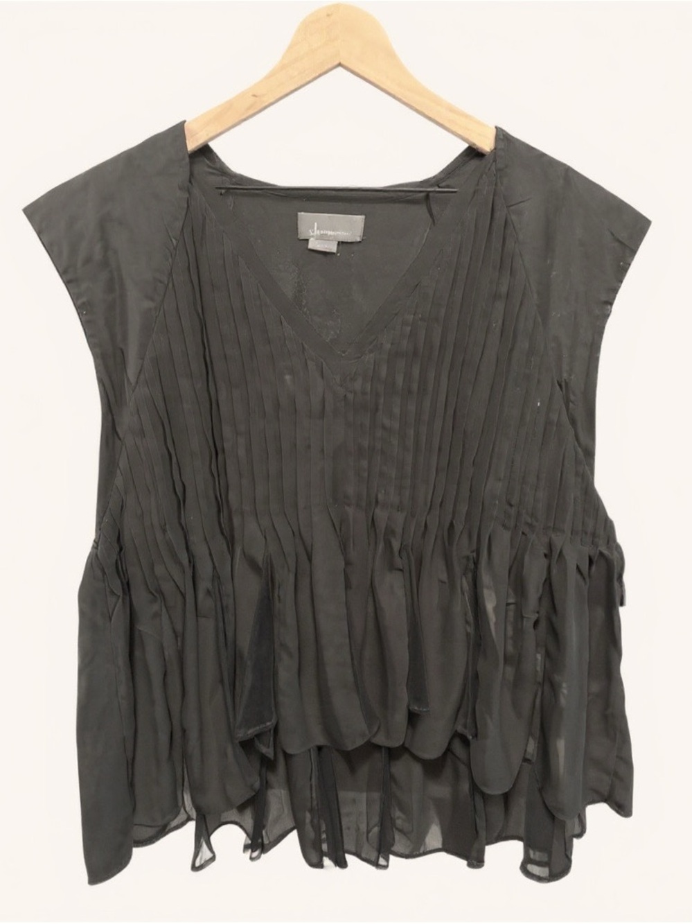 Anthropologie Black Pleated V-Neck Ruffle Hem Blouse